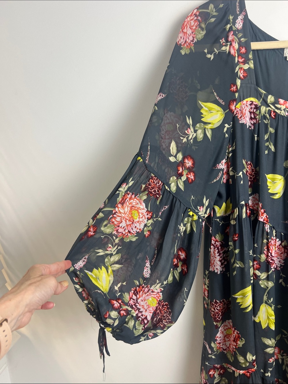 Anthropologie Size 2X Dark Gray Evelin‎ Green Floral Boho Tiered Maxi Dress - Picture 7 of 13